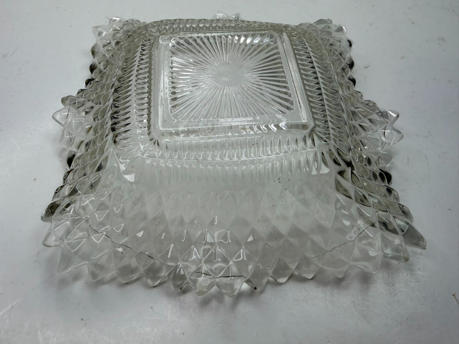 Vintage Indiana Glass 6.5″ Square Candy Dish Bowl Diamond Cut Ruffled Edge