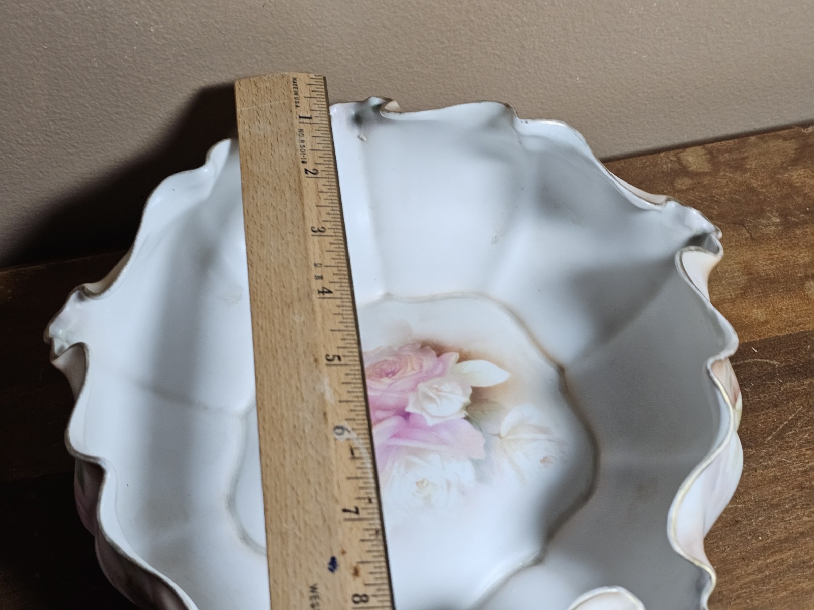 Antique RS Prussia Pink Rose 9″ Blown Out Bowl Exterior Painted Floral Gold