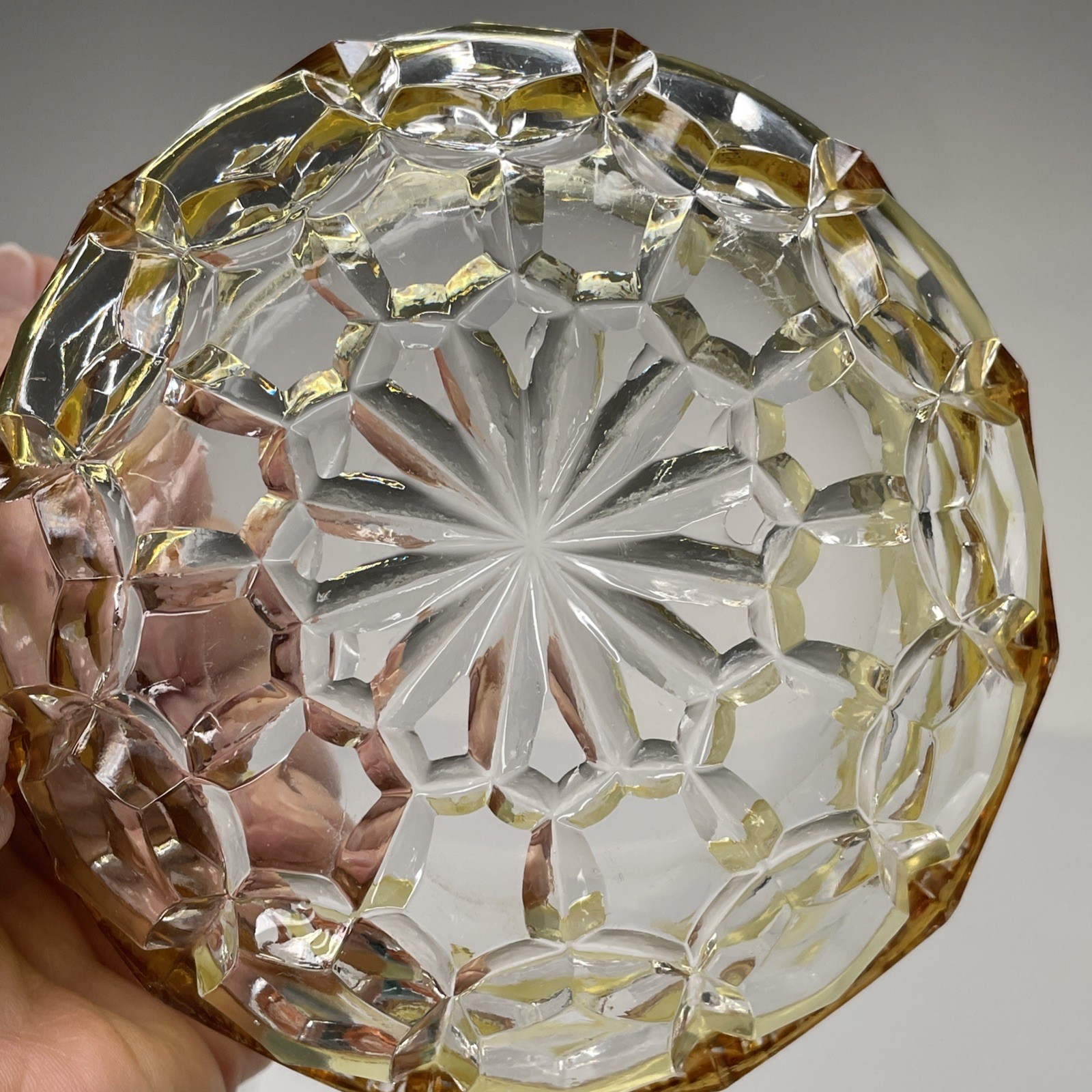 Antique Hobbs Glass Co Hexagon Block 1889 EAPG Yellow to Clear Etched #335 4.25”