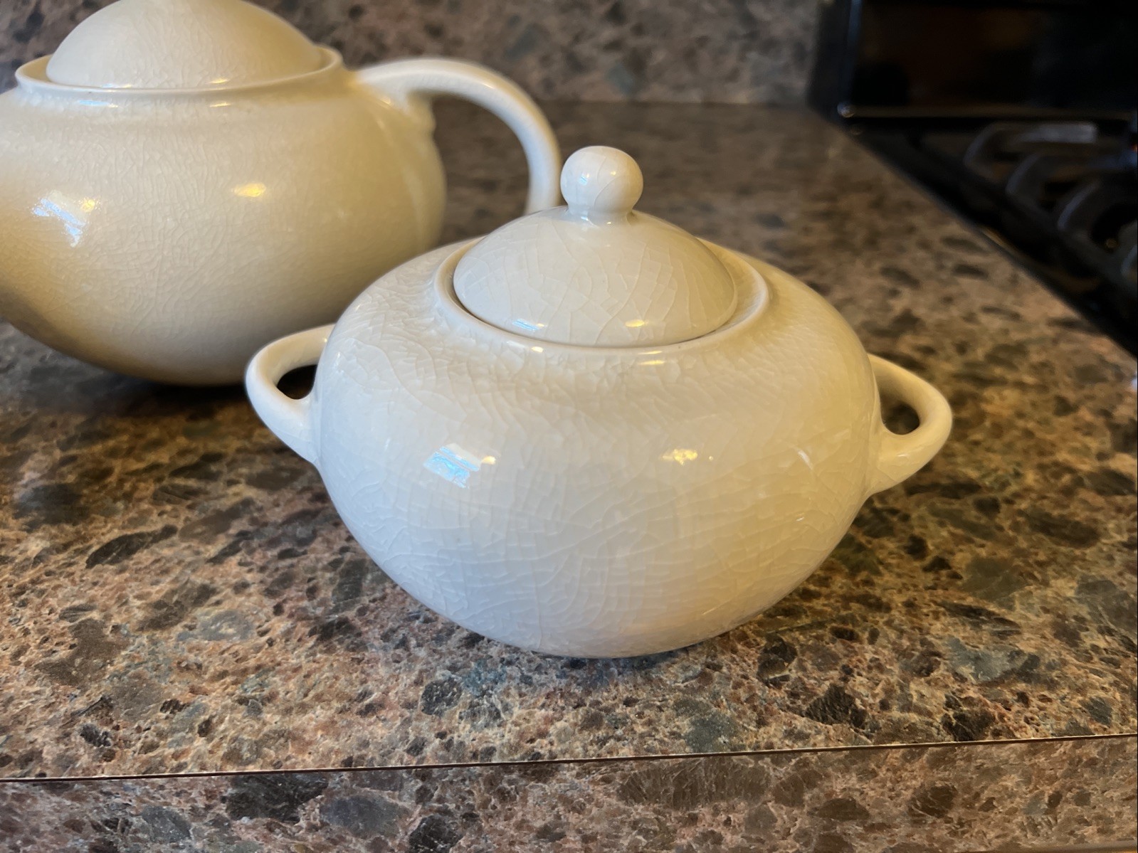 Jars France Bris/ Beige Crackle Basique Quartz Teapot, Sugar Bowl & Creamer