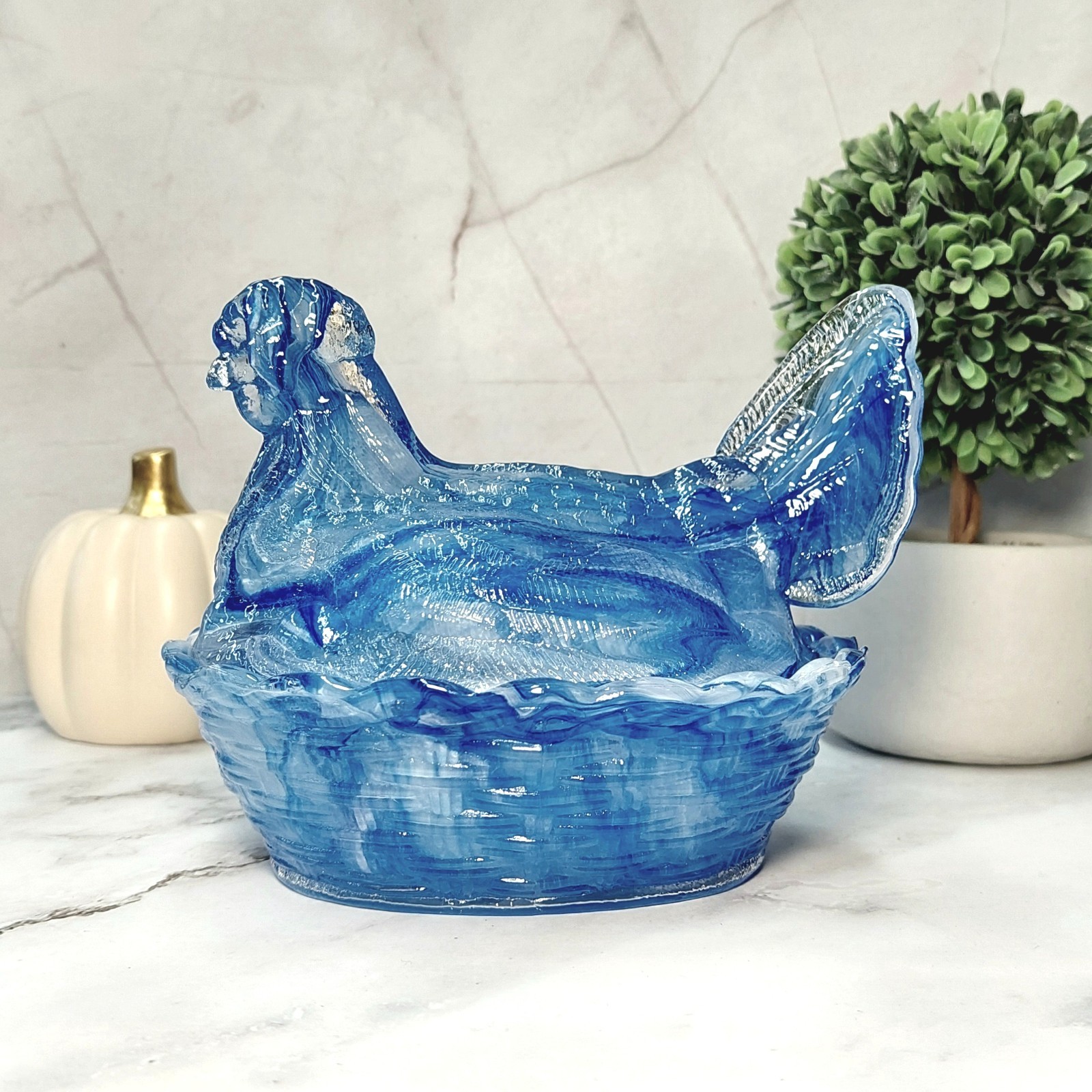 Hen on Nest Chicken Blue Cream Swirl Glass Depression Style Candy Dish, Vintage