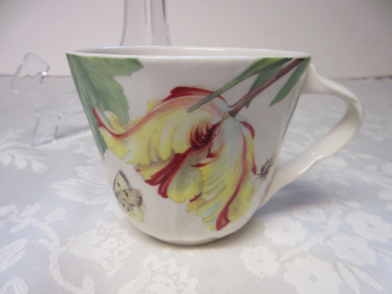Spode Floral Haven Flat Cup Saucer Set Scalloped Butterflies Tulips Bee England