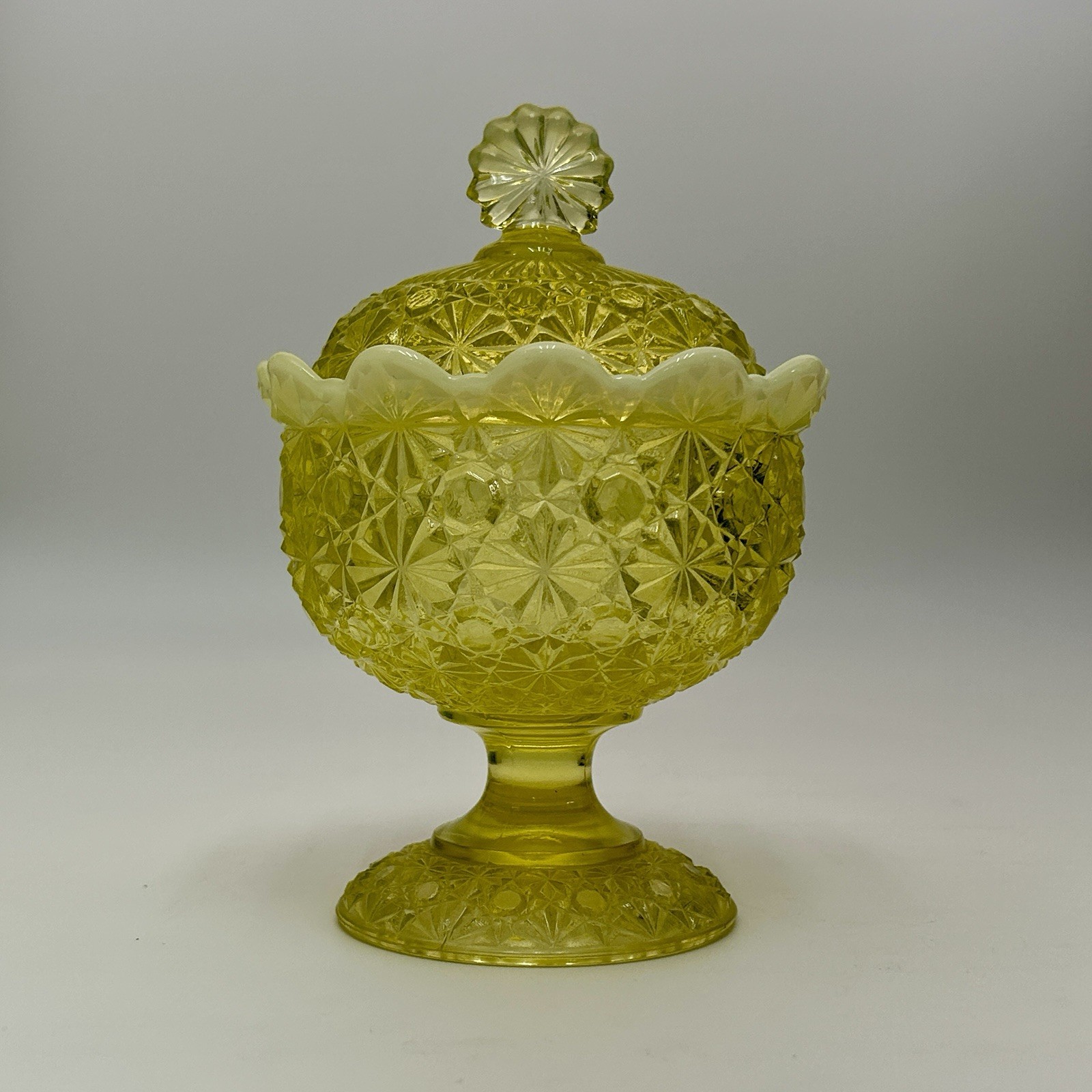 L.G. Wright Fenton Daisy Button Yellow Vaseline Uranium Opalescent Compote VTG