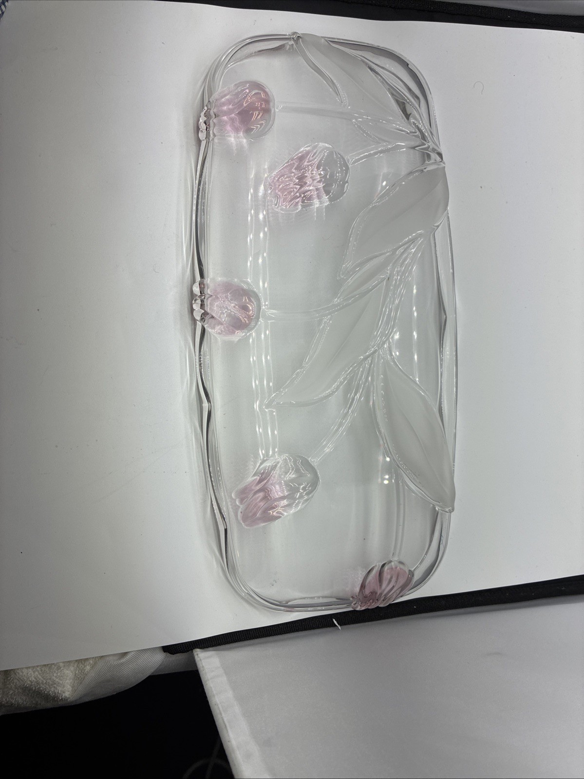 Mikasa Tivoli Tulip Rectangular Glass Serving Platter 15”X7” Pink Tulips New