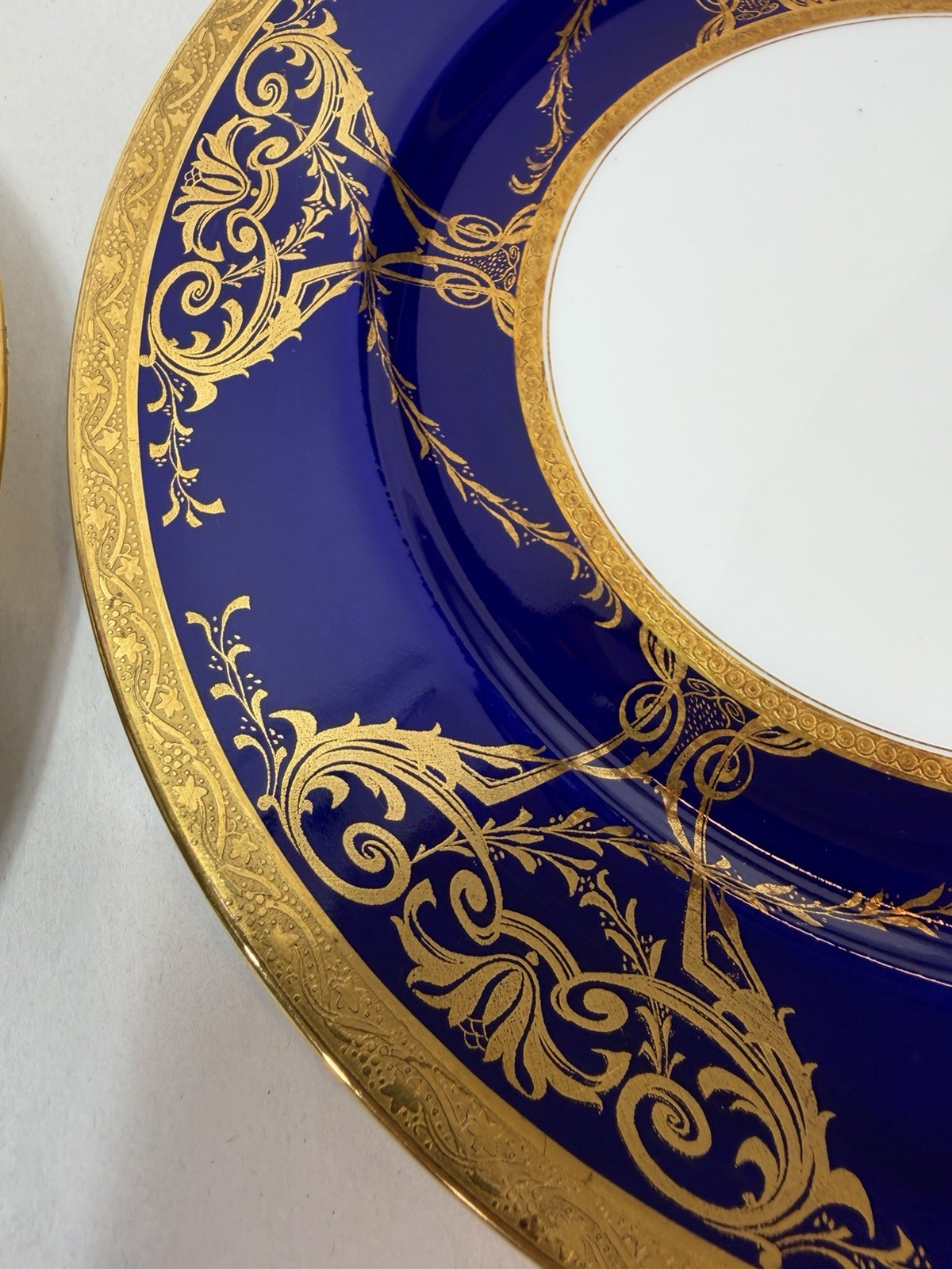 Antique Minton Porcelain 2 Dinner Plates w Raised Cobalt Blue Gold Rim 10 1/8 in