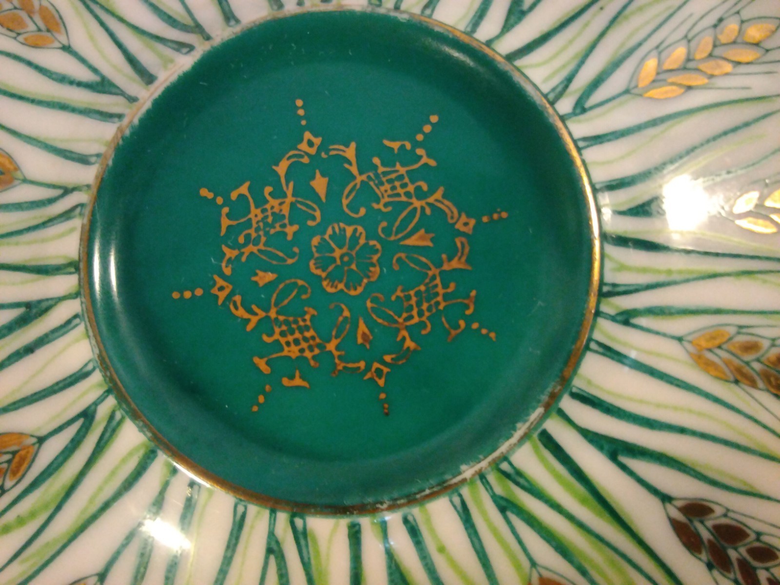 Vtg Green Aqua Porcelain Atomic Wheat MCM Saucer Iridescent