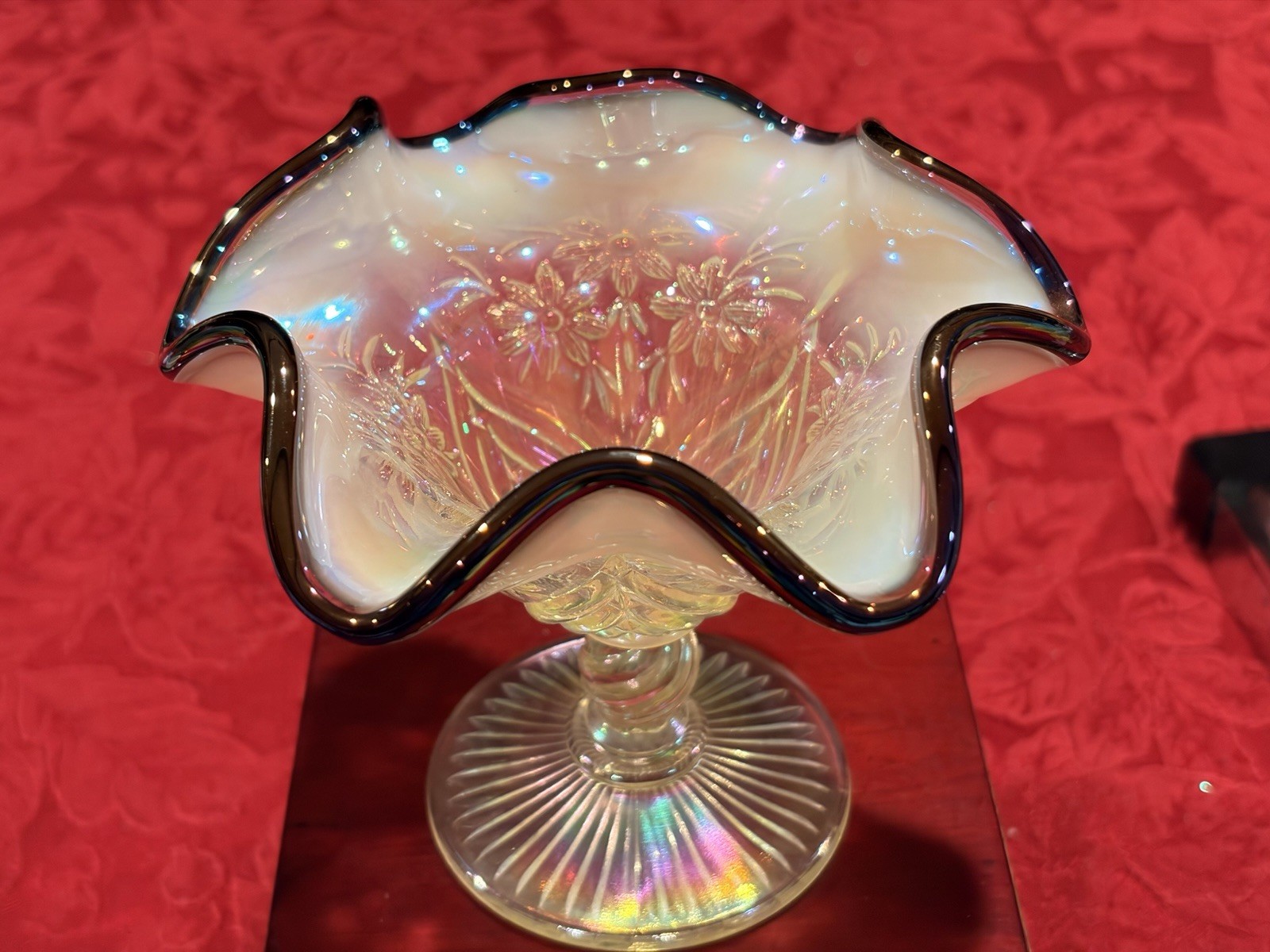 Fenton Topaz Vaseline Uranium Glass Daisy Feather Compote Black Crest Ex Cond
