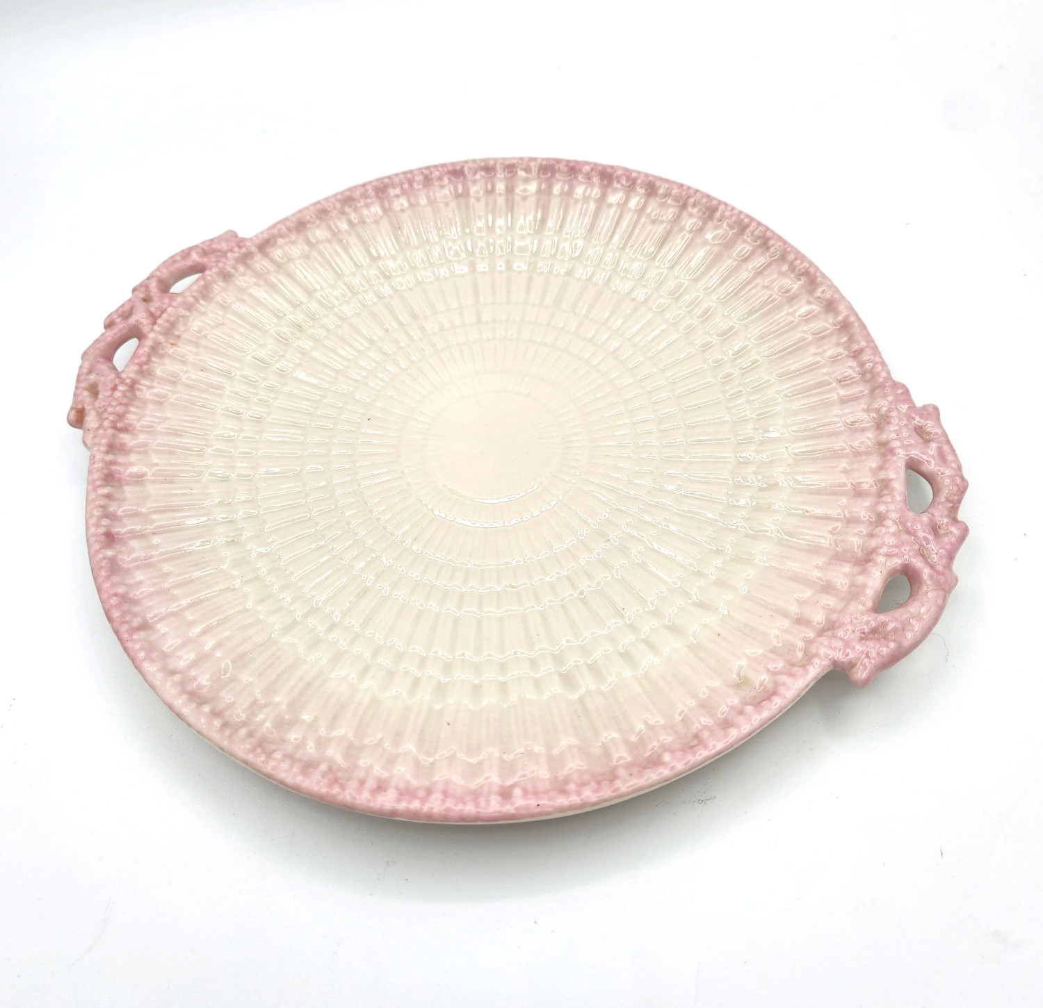 Rare Belleek Pink Limpet 10.75″ Handled Cake Platter Serving Plate3rd Black Mark