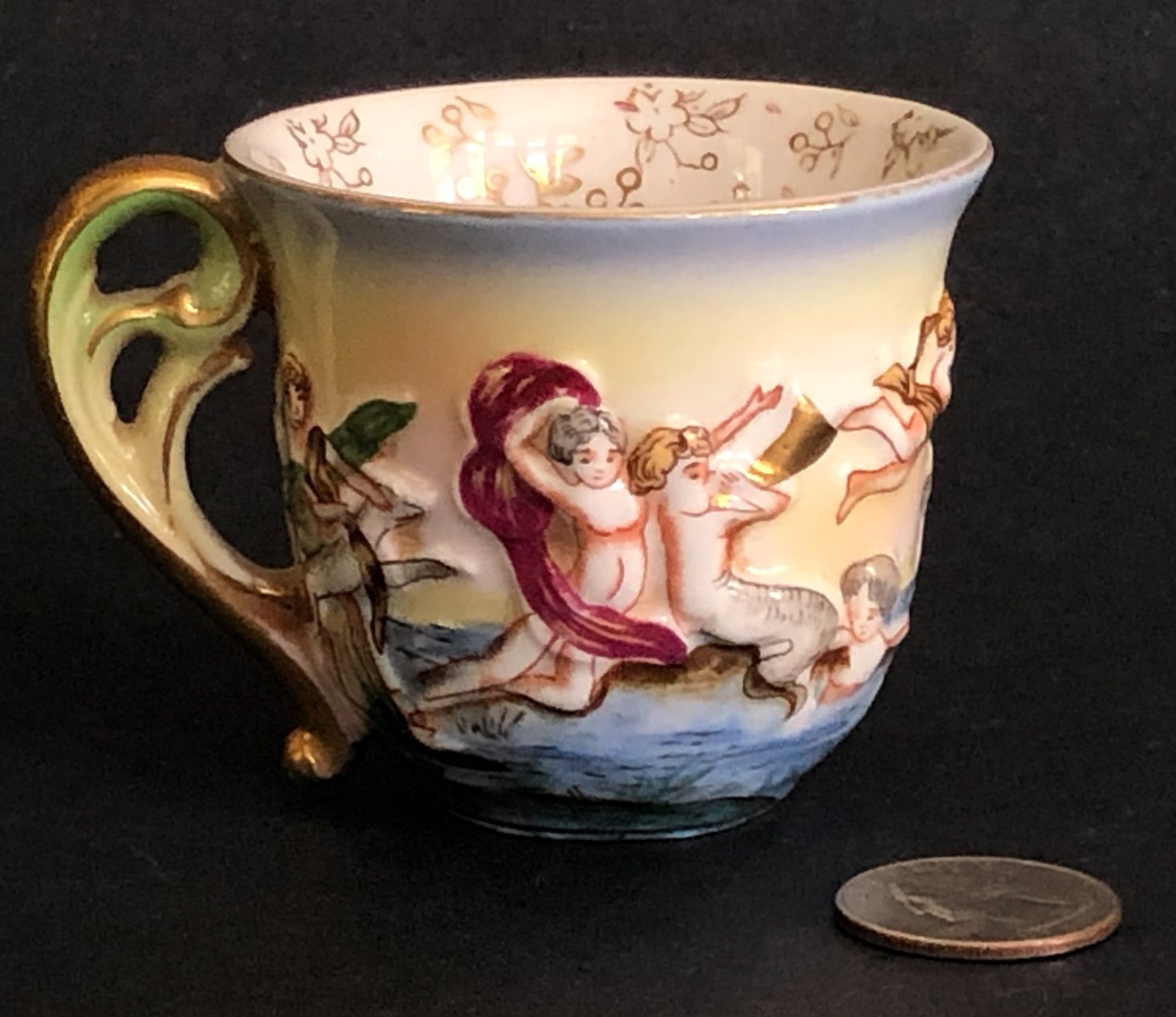 Vtg SGK Demitasse Cup Made in Occupied Japan Embossed Cherub Mermaid Instruments
