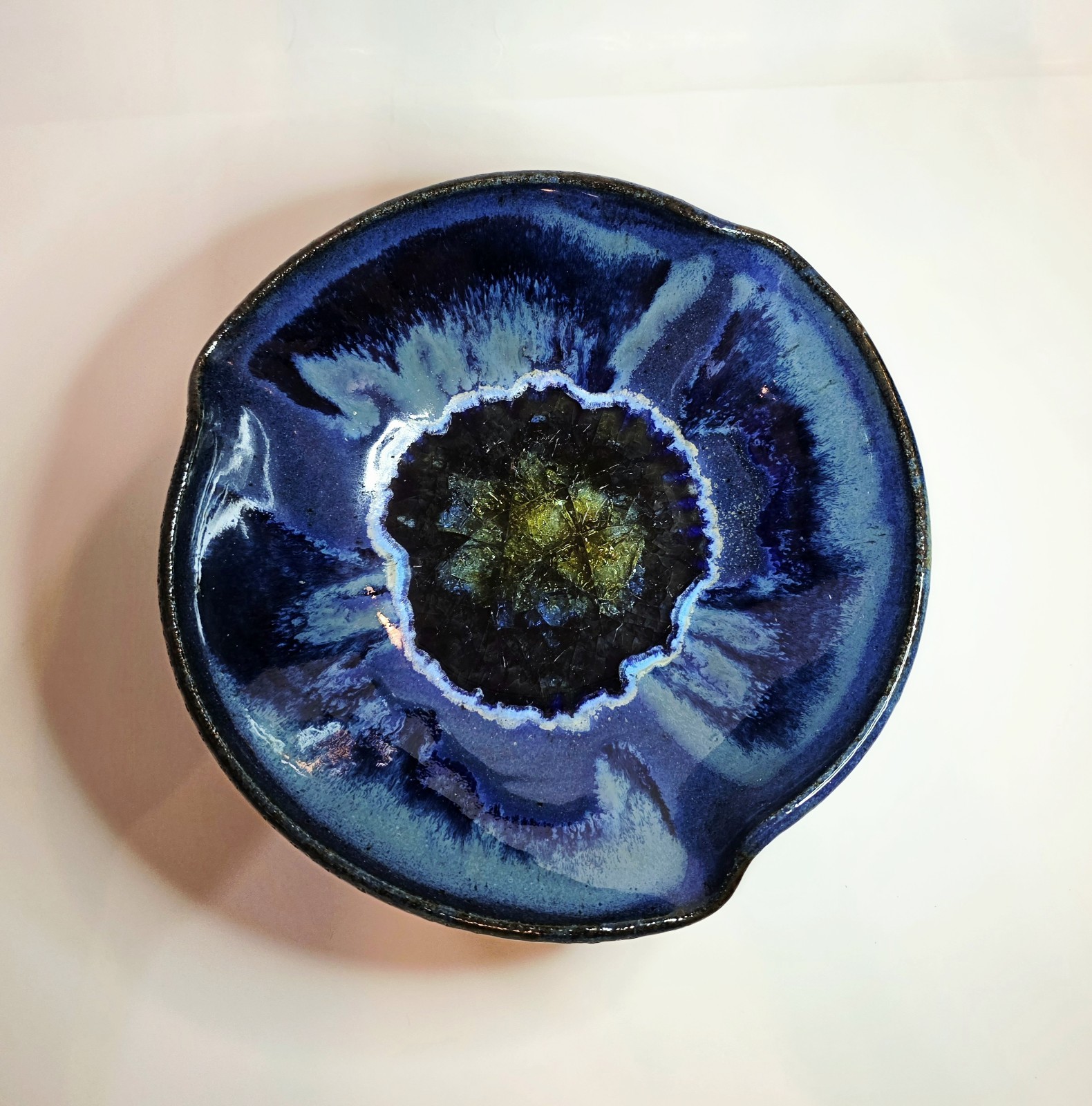 Dock 6 Pottery Blue 7.6″ Pinched Rim Stoneware Bowl w/Fused Crackle Glass Bottom