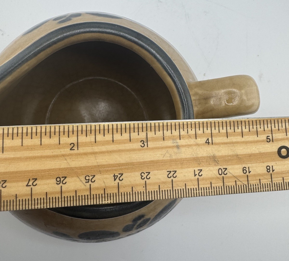 Vintage Pottery Cream Pitcher Brown Black Floral Stoneware Creamer 4” Tall