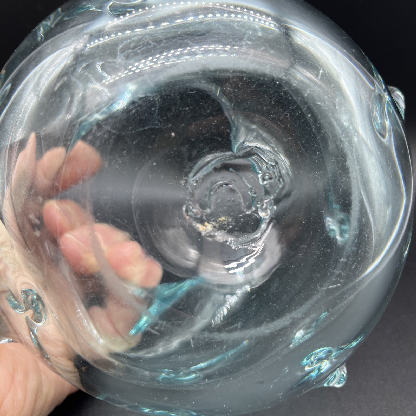 Hand blown Art Glass Bowl Aqua Pinched/Dimpled Sides