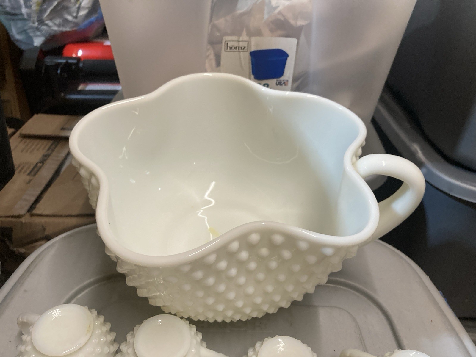 Rare Fenton White Hobnail Punch Bowl With 17 Cups / Please Read The Description
