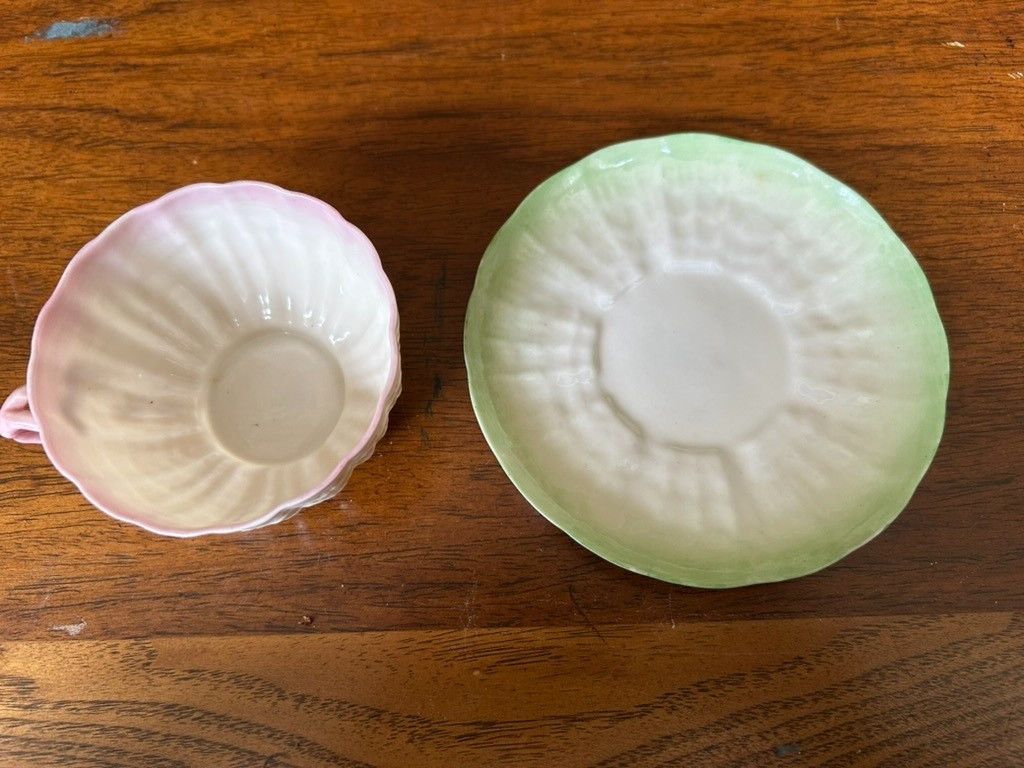 Vintage Belleek Ireland Pink and Green Shell Teacup & Saucer Sets Porcelain