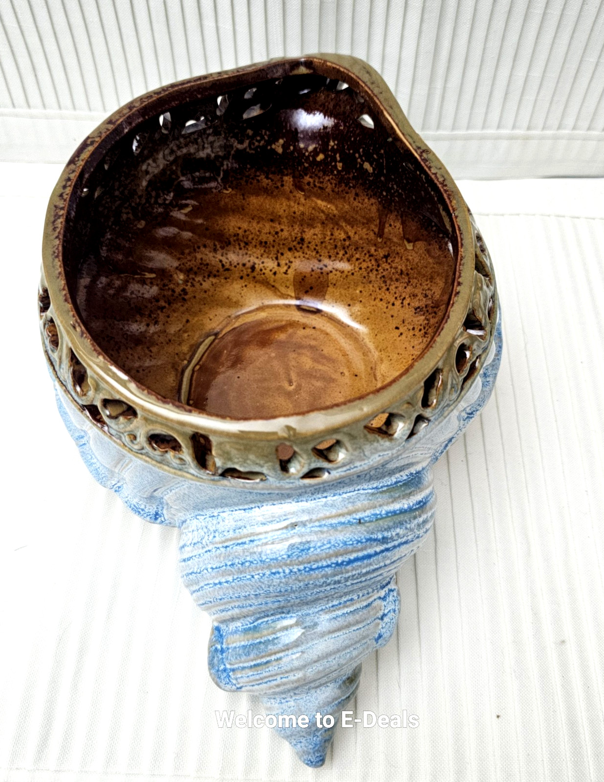 VINTAGE Blue Brown Glazed Ceramic Conch Shell Bowl