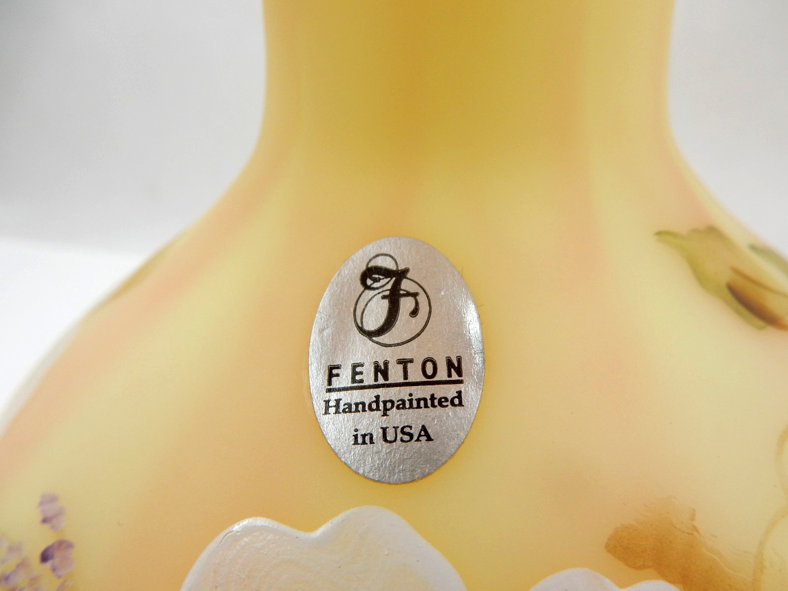 FENTON BURMESE URANIUM GLASS BILL FENTON 56 YEARS ANNIV. PITCHER, SIGNED, 6-1/2″