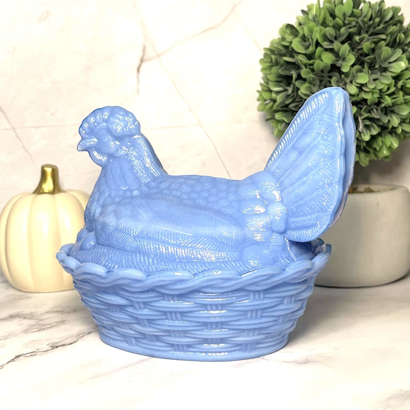 Hen on Nest Chicken Periwinkle Blue Depression Style Glass Candy Dish, VTG Style