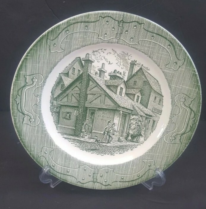 Set Of 9 The Old Curiosity Shop Green Transferware 10” Dinner Plates NOS
