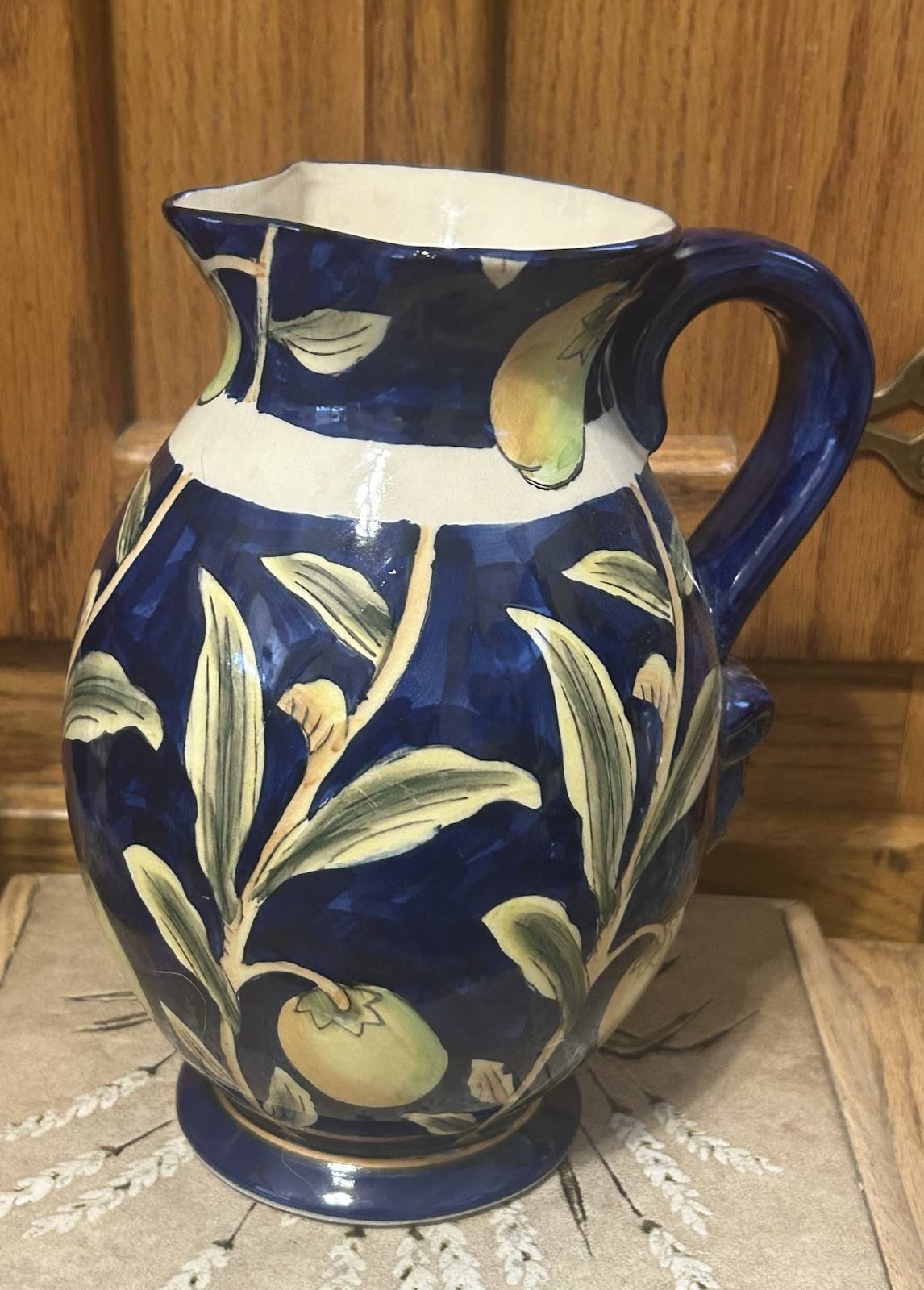 Dept. 52 – Handpainted Cobalt Blue Ceramic Pitcher, Yellow Fruit
