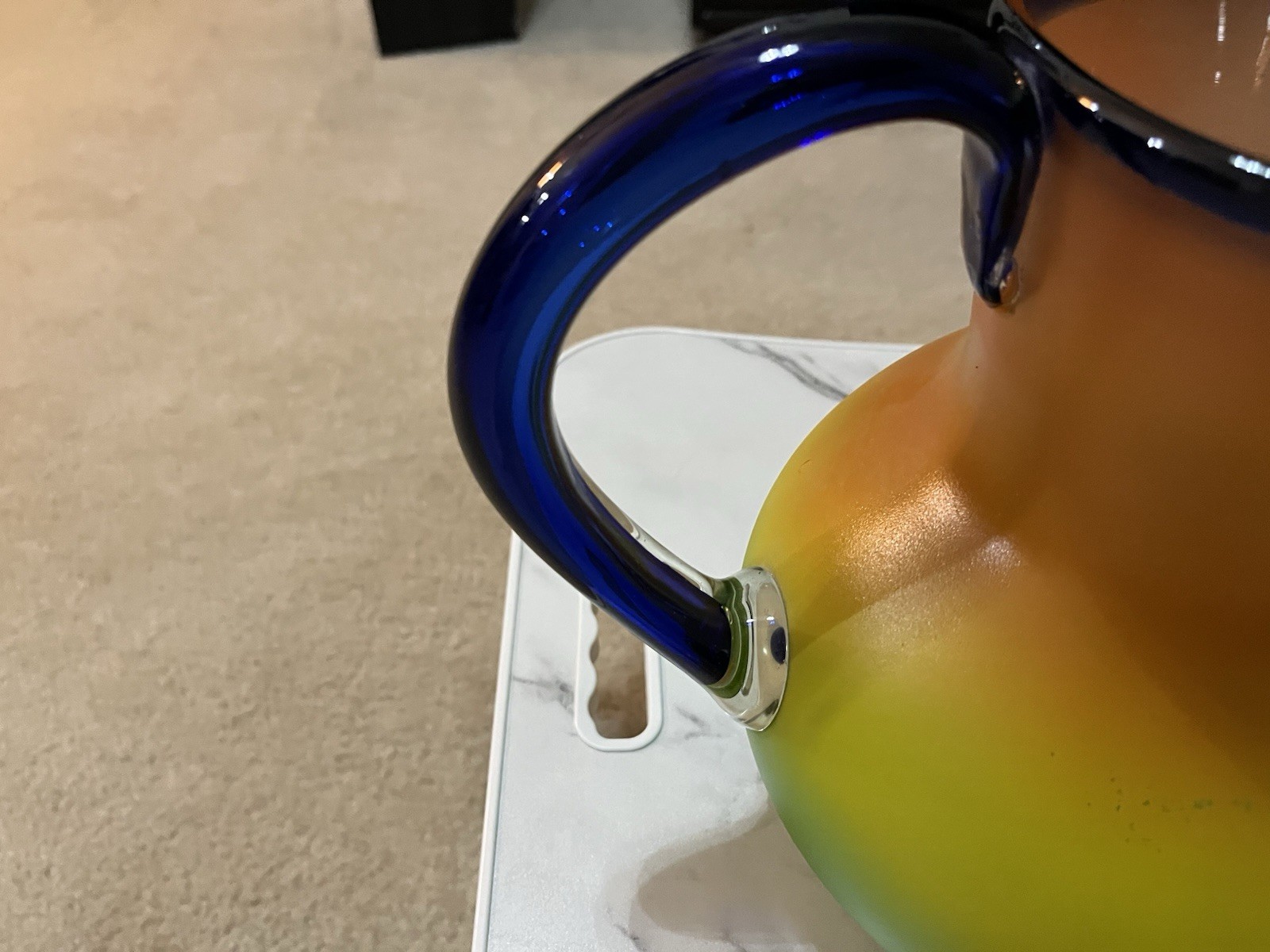 Hand Blown Orange Yellow Green Cobalt Blue trim 6 Tumblers & Pitcher