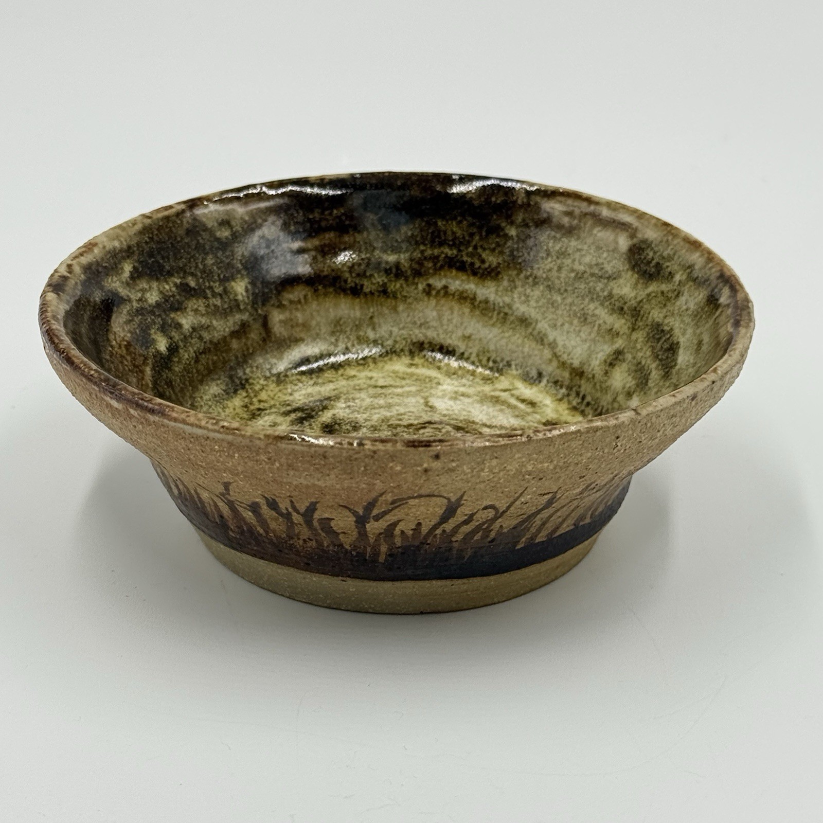 Studio Art Pottery Marc Hansen Stoneware Vintage MCM 5” Bowl Painted Grass