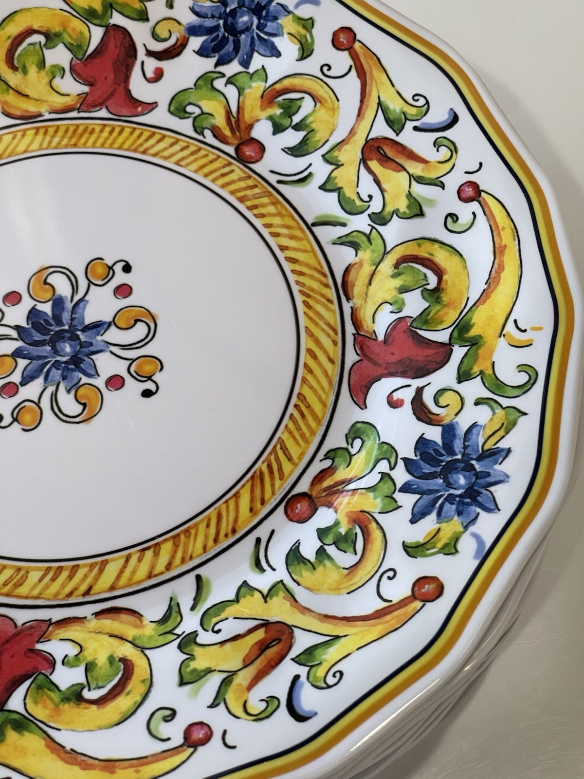 Sur La Table Floreale Melamine Dinner Plates Set Of 6 Yellow Italian Scroll 11″