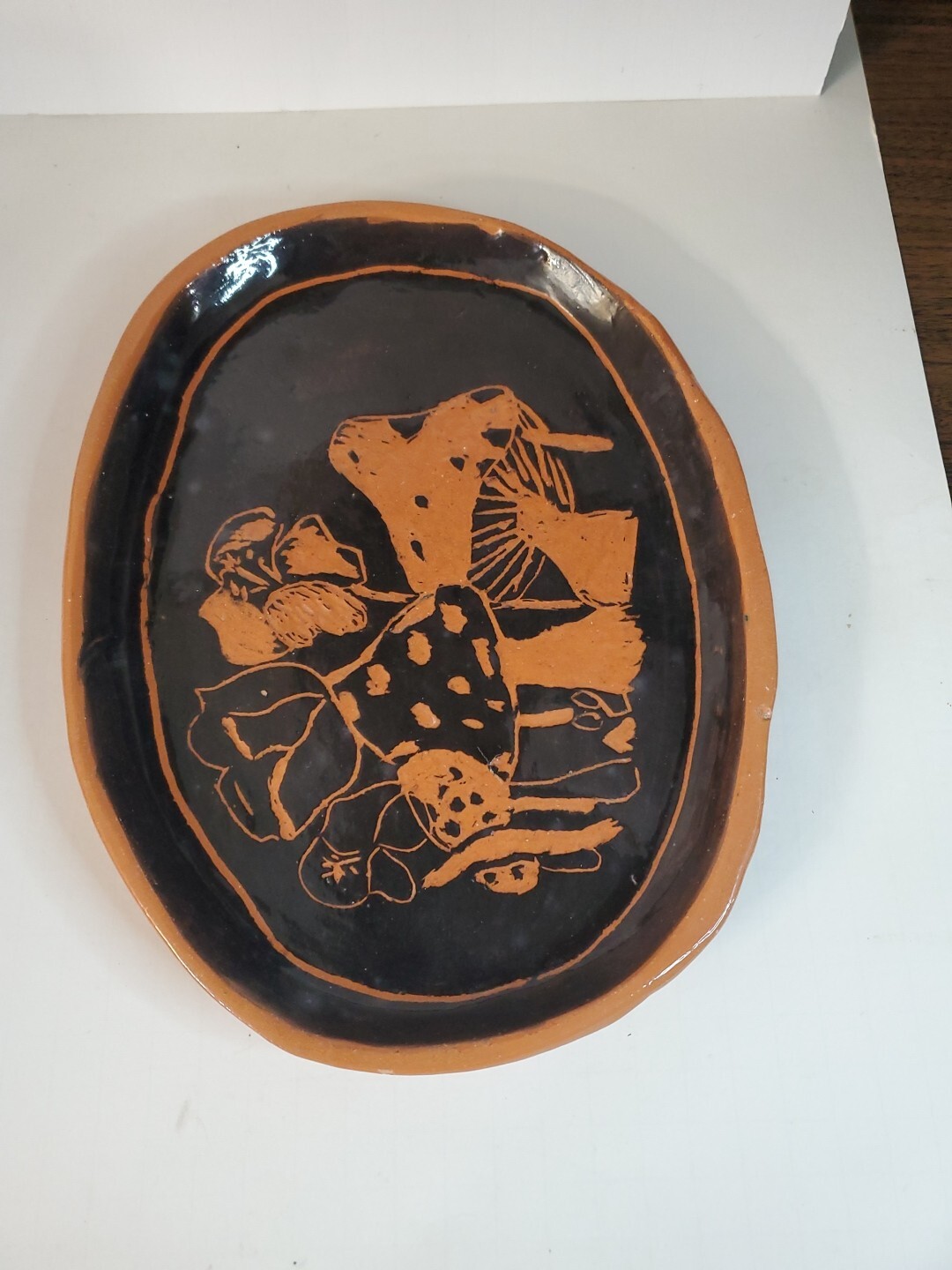 Vintage Pottery Trinket/herb Dish Mushroom Earthenware Signed MCM Rare Glazed
