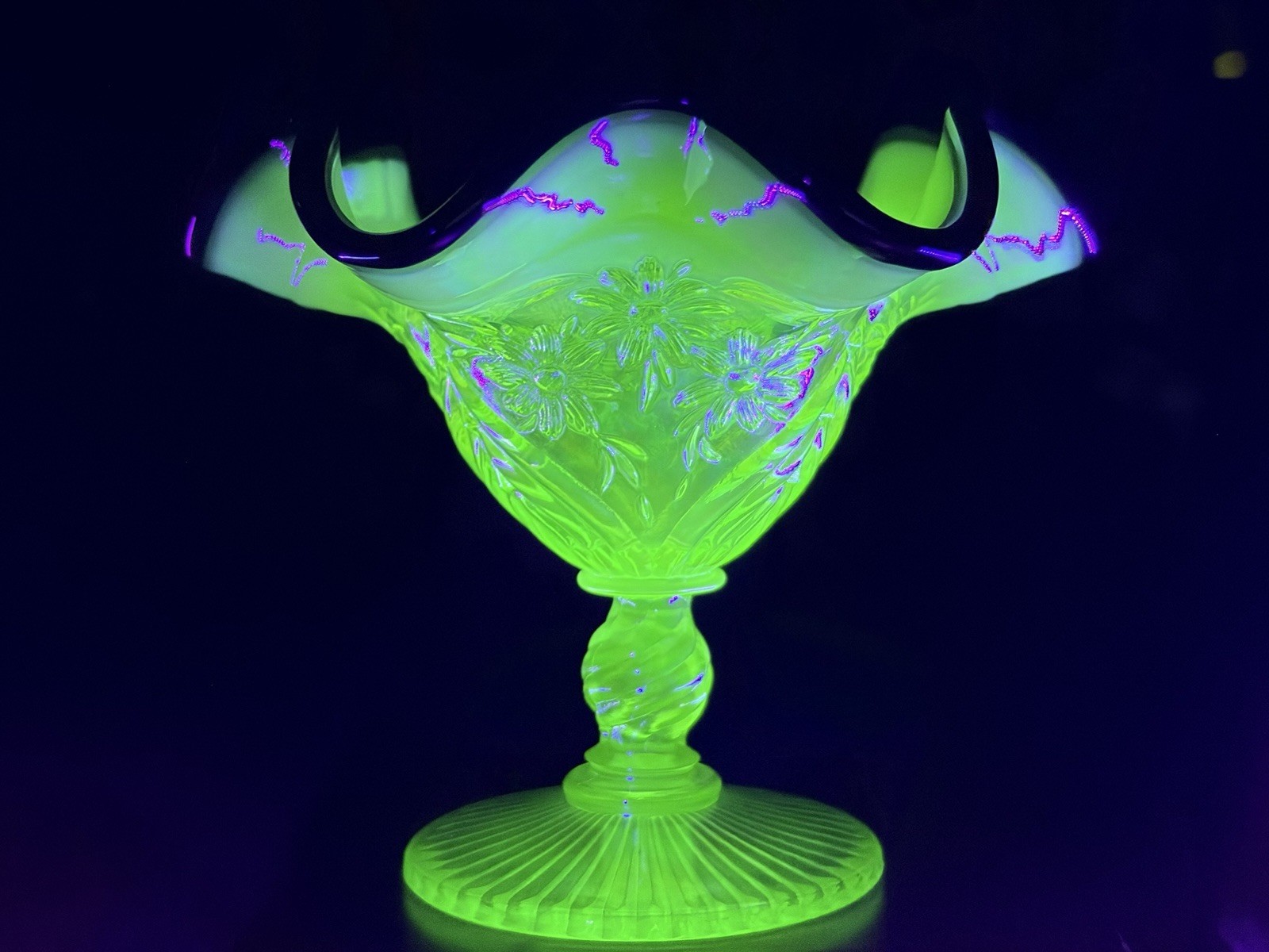 Fenton Topaz Vaseline Uranium Glass Daisy Feather Compote Black Crest Ex Cond
