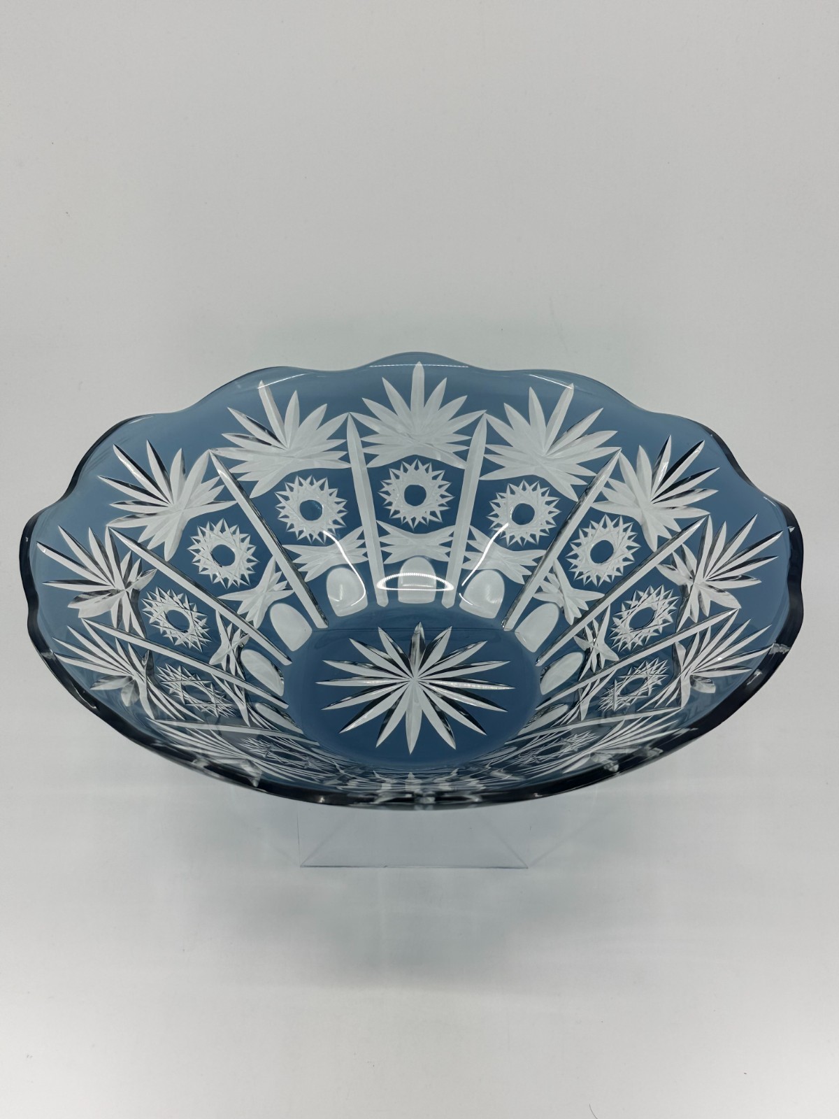 1950s Vintage Bohemian Lead Crystal Glass Cut To Clear Cobalt Blue Bowl 13″W