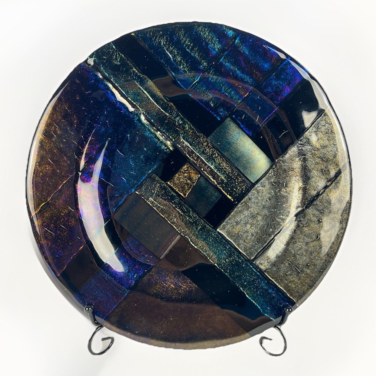 Paul Hathcoat 1990 Dichroic Fused Art Glass Platter Iridescent 12” Signed Dated
