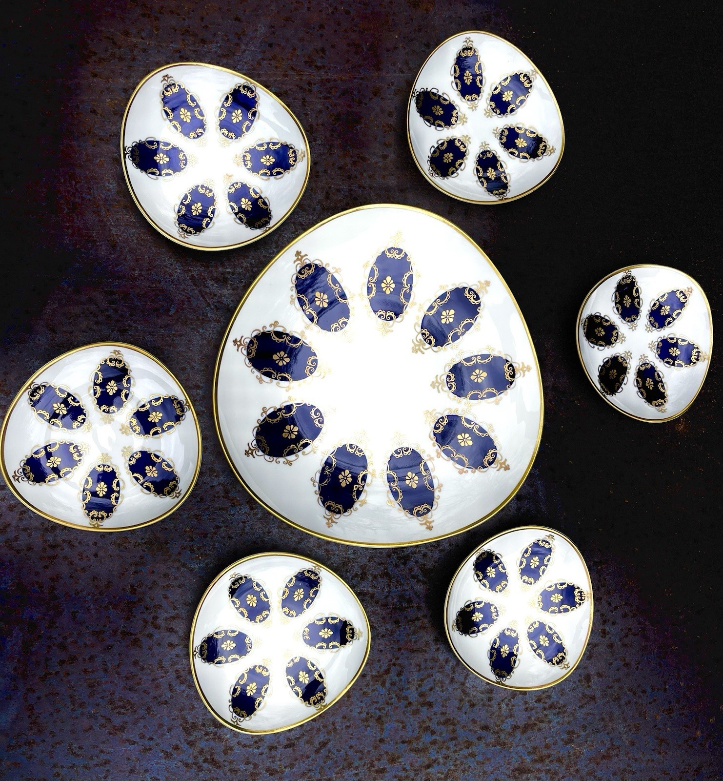 Echt Kobalt Porcelain Plate Set Blue Gold Floral made in BDR Seven-Piece MCM