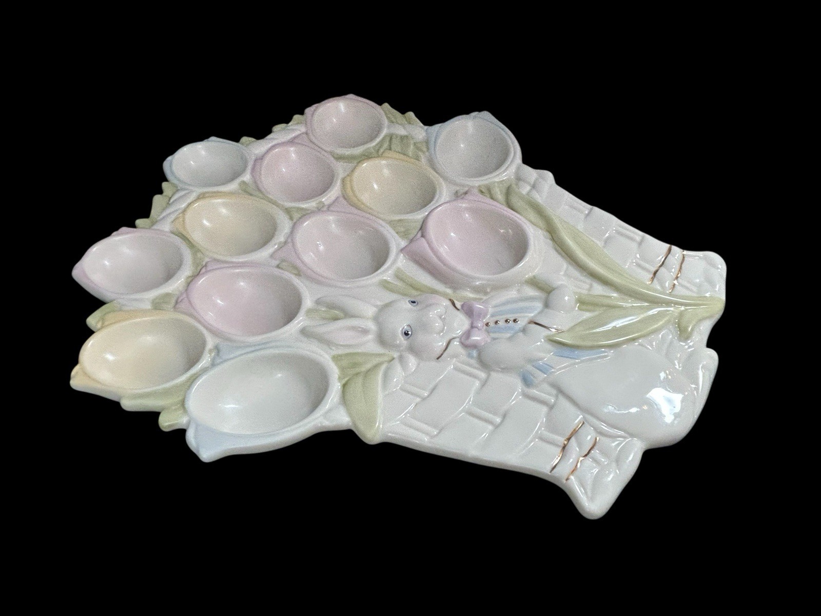 Lenox Tulip Basket Deviled Egg Porcelain Plate Easter Bunny Pastels 12″x10″ EUC