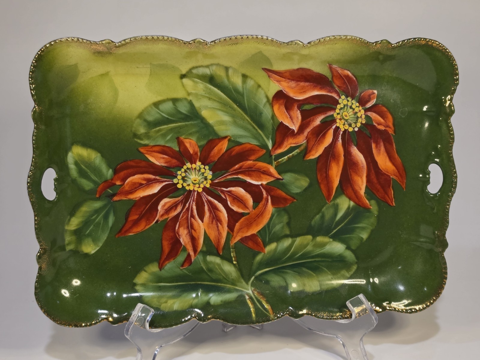 Old Bavaria Porcelain Hand Painted POINSETTIA Rectangular Vanity Tray