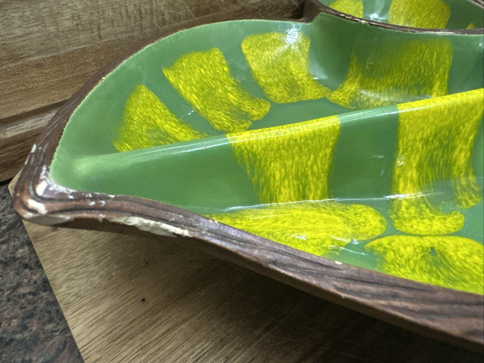 Vintage California Pottery #602 Sequoia Ware Yellow Green Drip Glaze Leaf Dish