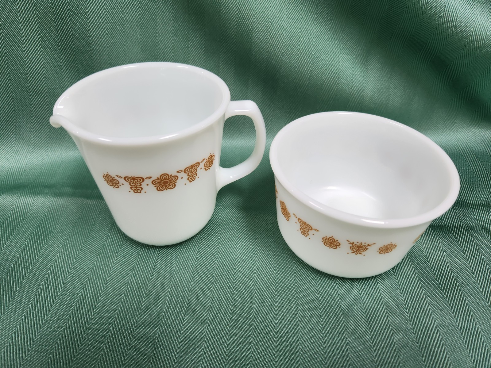 Vintage Pyrex Corning Butterfly Gold Creamer and Sugar Bowl Milk Glass