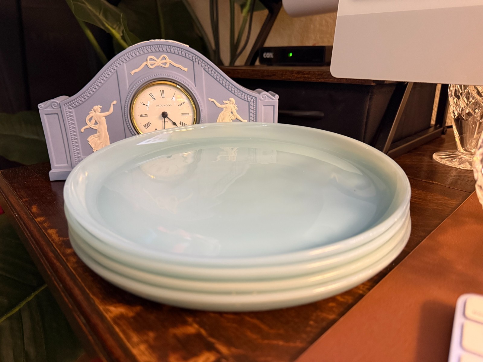 Vintage Fire King Turquoise Blue Heat Proof Anchor Glass (4) 9″ Luncheon Plates