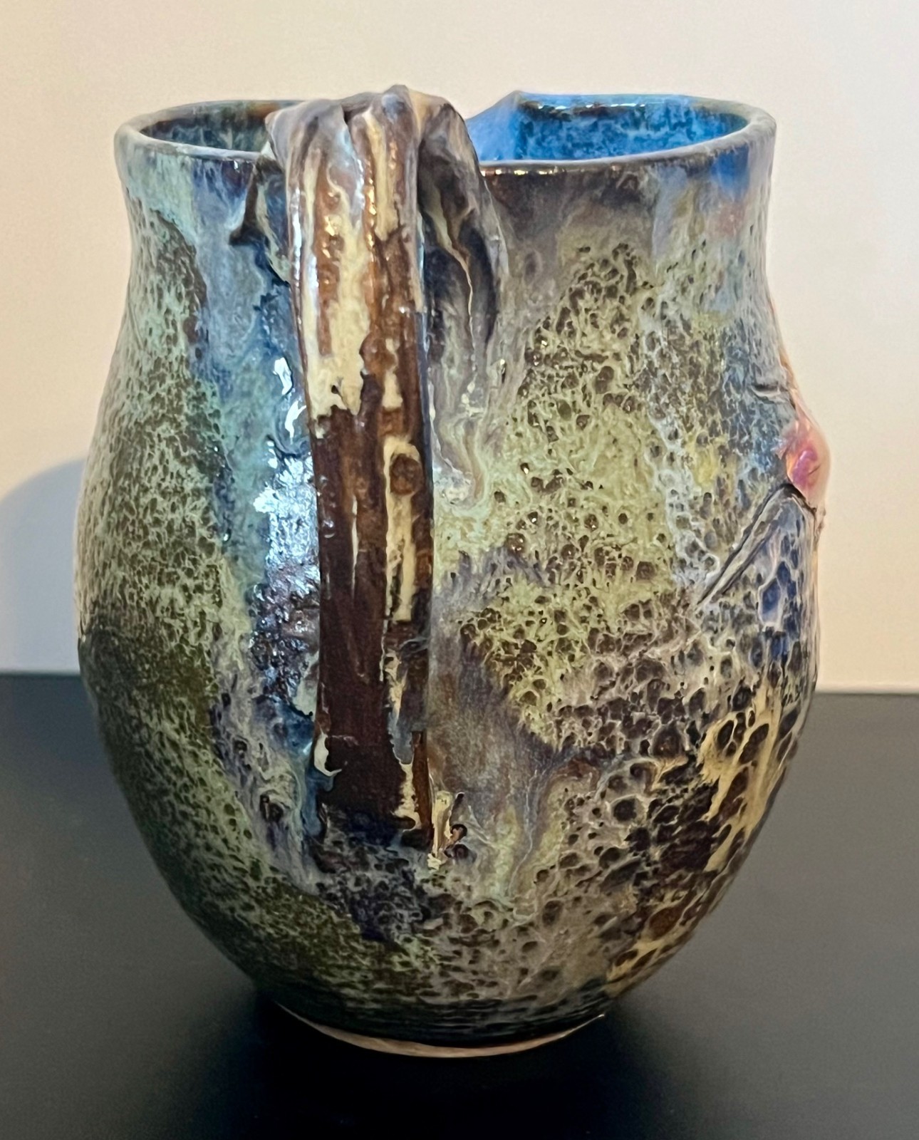 Colorful North Carolina Art Pottery ~ Glazed Leaf Pitcher ~ 5.5″ Tall Signed