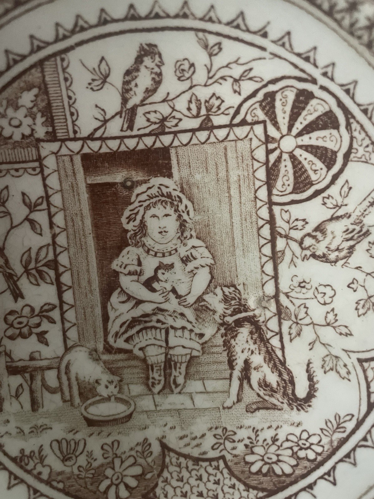 Atq England C.A. & Sons Brown Transferware Bowl Little Mae w/ Dog Set Of 2