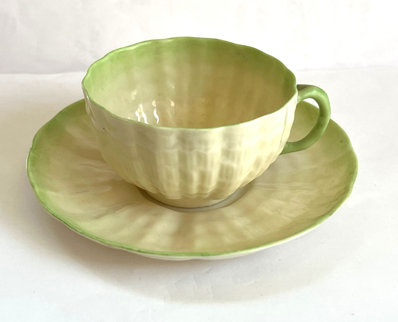 IRISH BELLEEK Green Tint TRIDACNA Cup & Saucer – 3rd Black Mark (1926-1946)