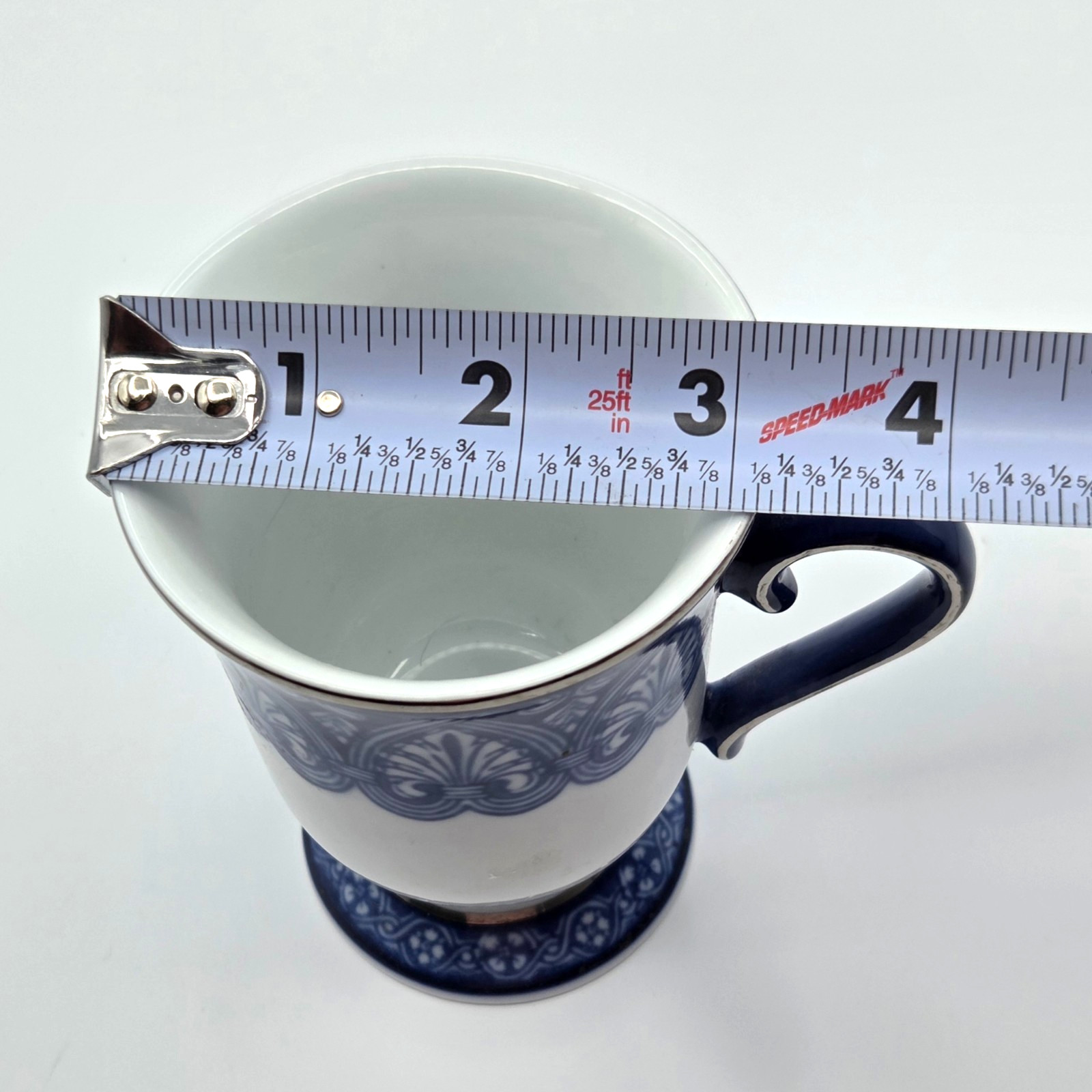 Bombay Arabesque Tile 4.5″ Footed Blue White Platinum Trim Tea Cup