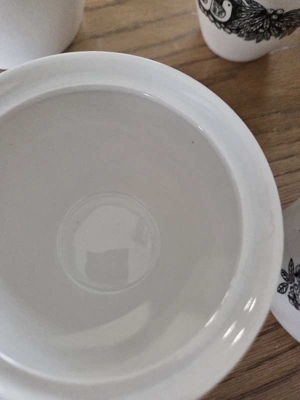 Set- Fransican Bird N Hand White Stoneware Creamer And Sugar Bowl
