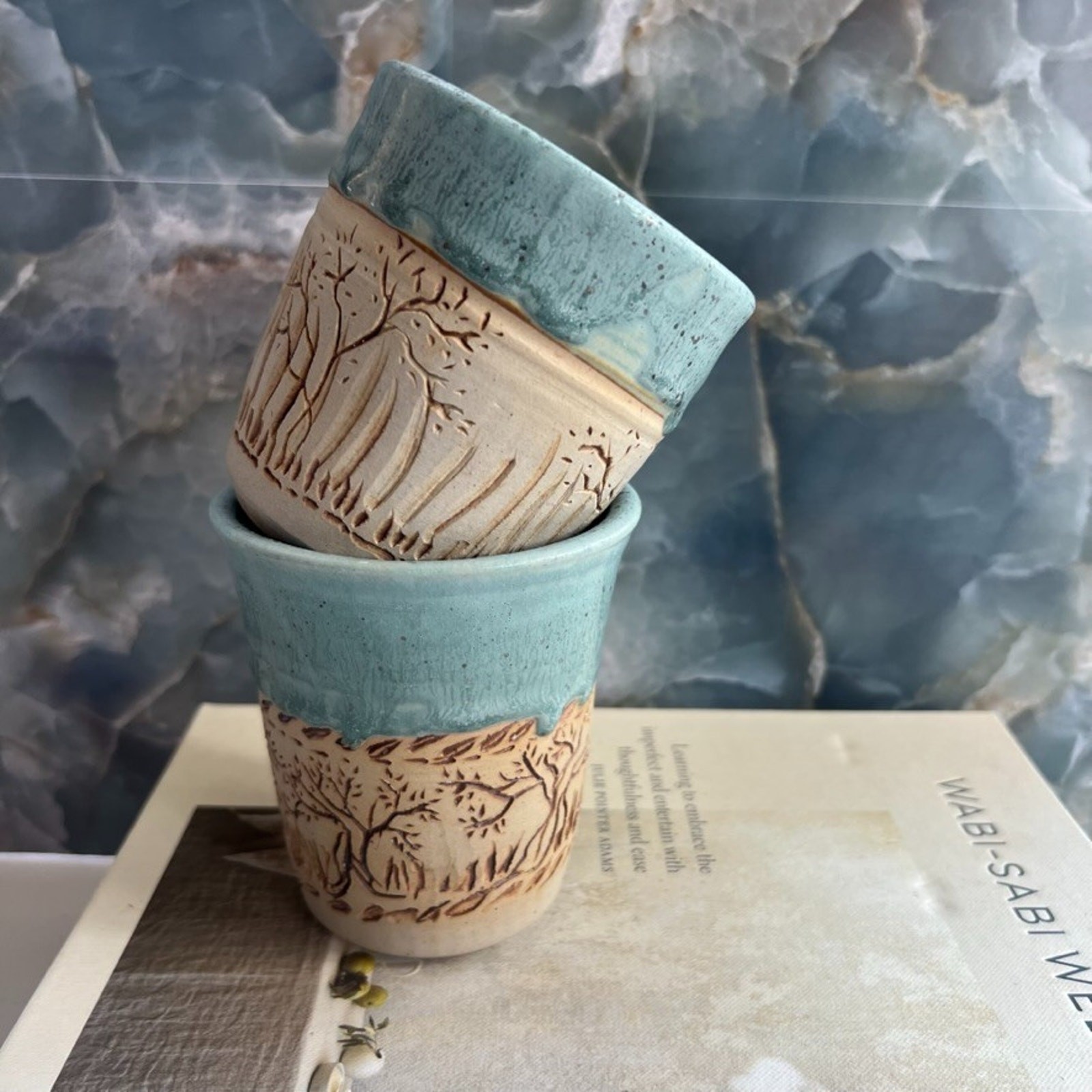 Unmarked Stoneware Tumbler Cups Speckled Blue Etched Tree Design Set of 2