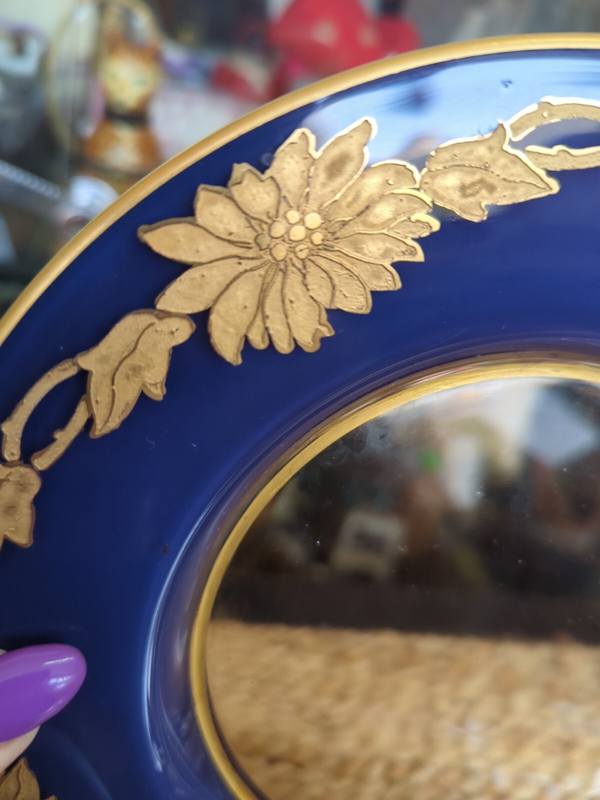 Antique Bohemian Gold Gilt Enameled Colbalt Cased Glass Plates Set 5 Hand Paint