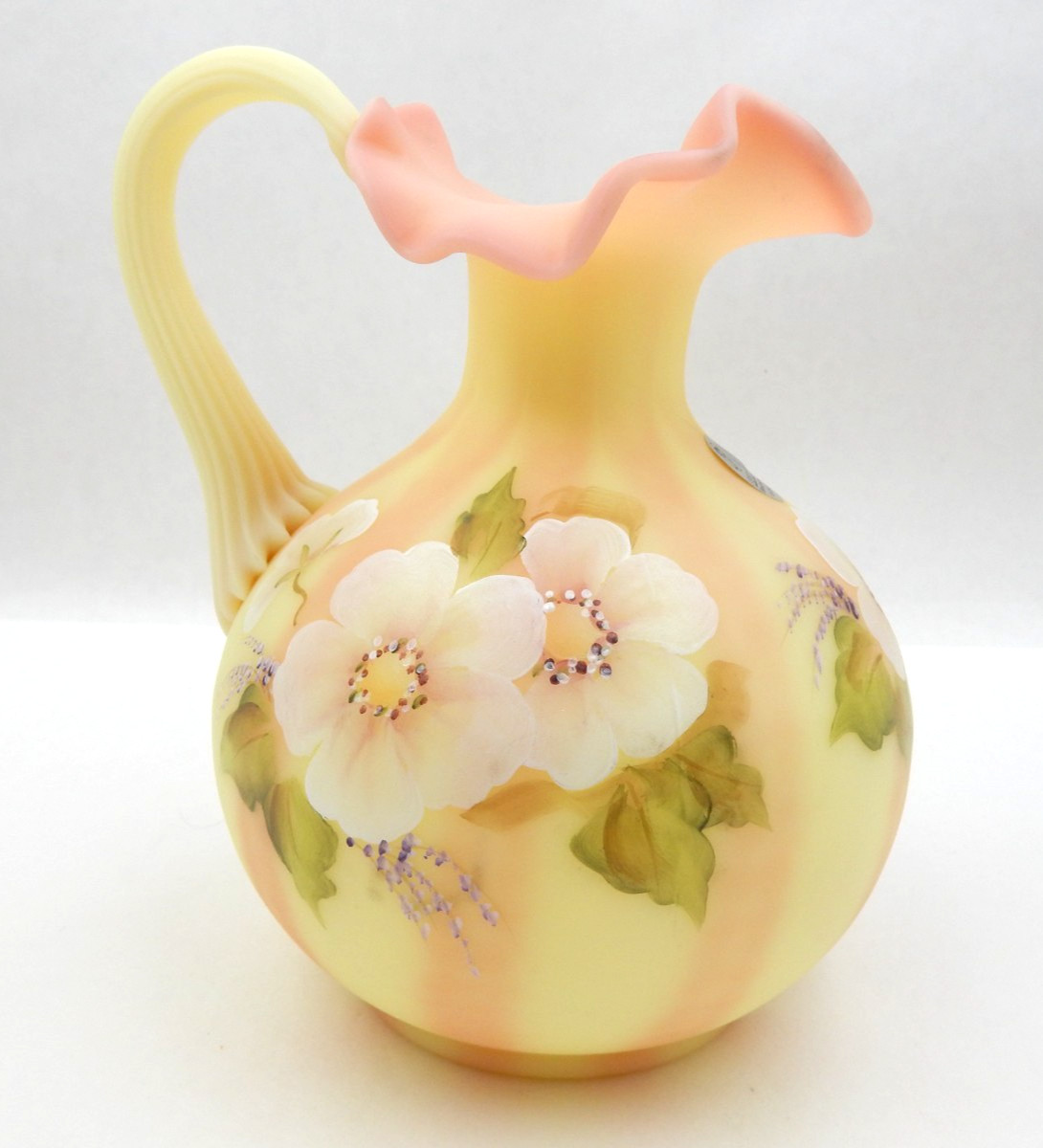 FENTON BURMESE URANIUM GLASS BILL FENTON 56 YEARS ANNIV. PITCHER, SIGNED, 6-1/2″