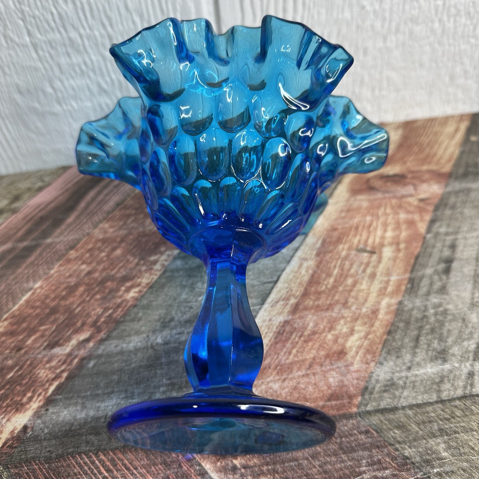 Vintage MCM Fenton Blue Cobalt Glass Thumbprint Pedestal Compote Candy Dish