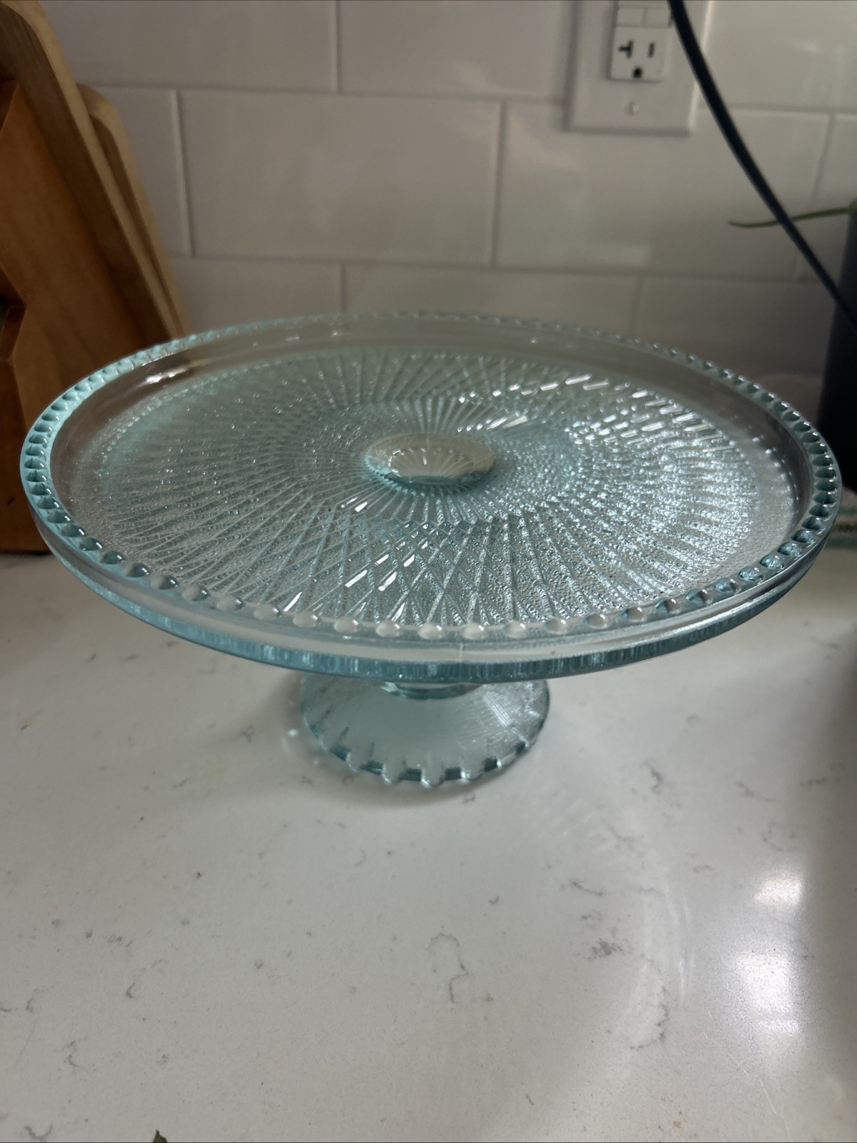 Vintage Jeannette Ice Blue Glass Harp Beaded Edge Pedestal Cake Stand 10”