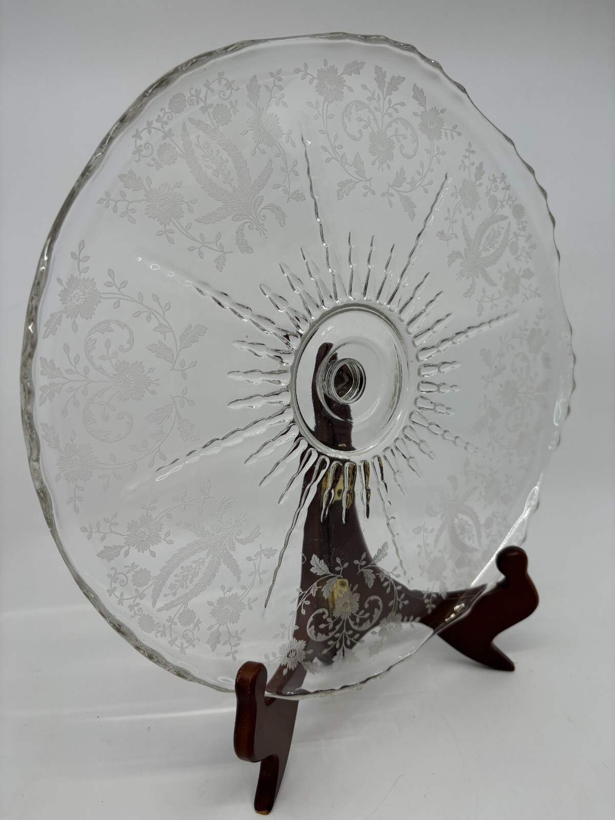 Vintage 1936-39 New Martinsville Radiance Etched Glass Prelude Cake Server w Peg