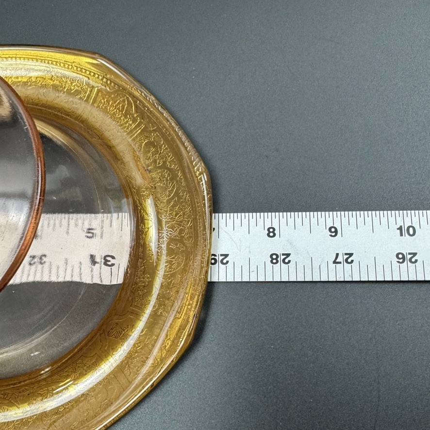 Vtg Octagonal Footed Pink Depression Glass With Gold Gilded Rim Etched Patterns