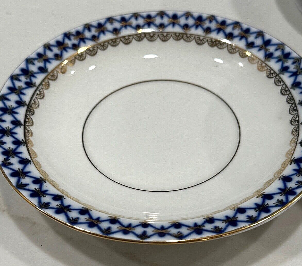 Lomonosov Imperial Porcelain Russian COBALT NET SOUP BOWL with SAUCER 4 NEW
