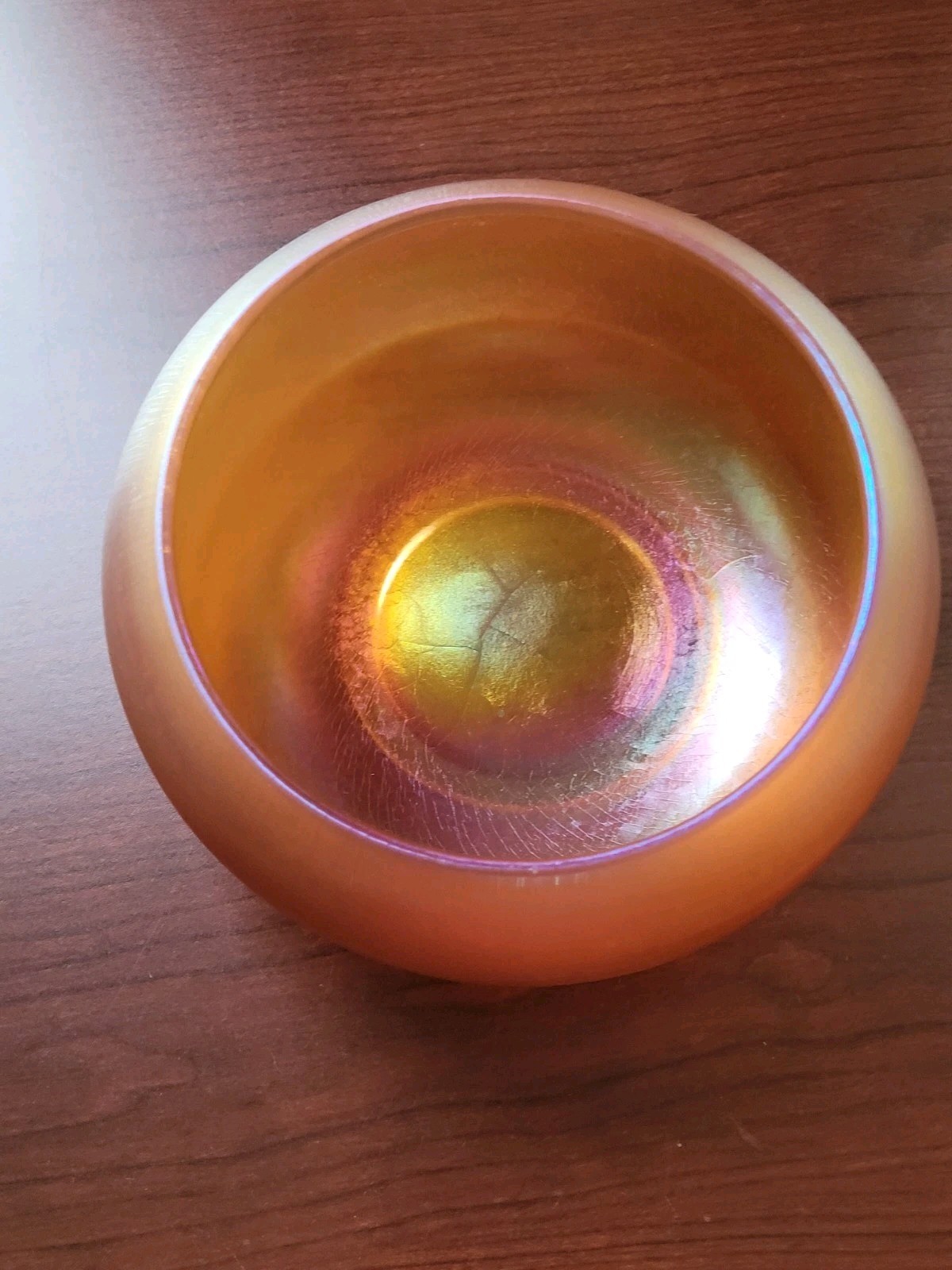 Stretch Art Glass Marigold Imperial Jewels Cupped Top Bowl Iron Cross Signed